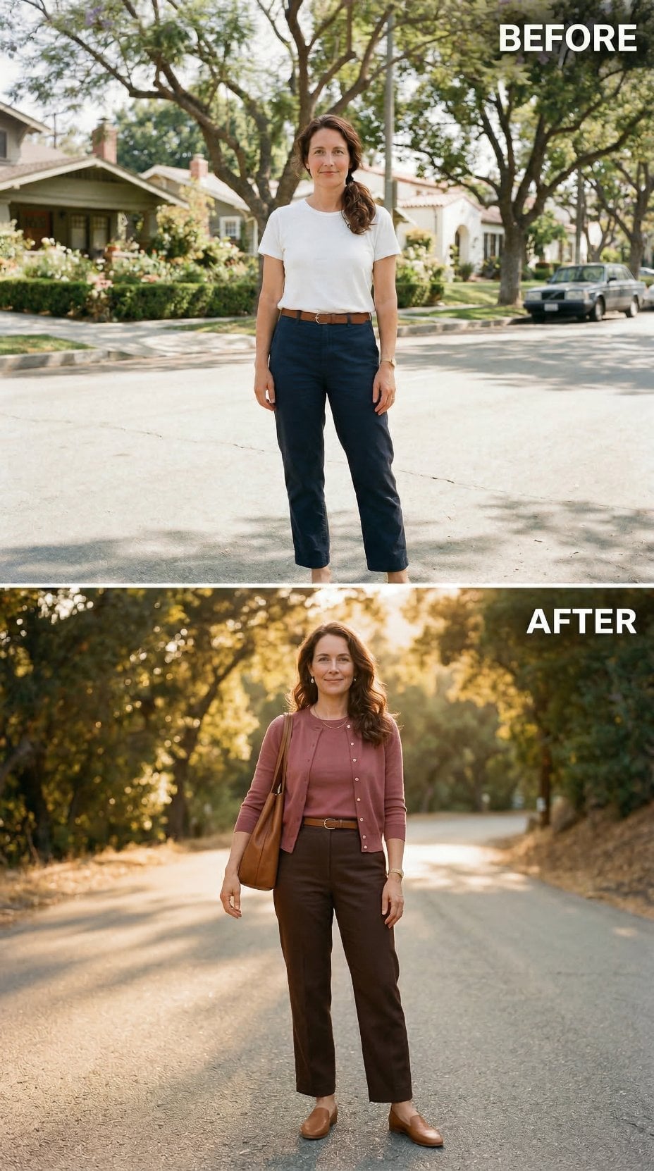 Dusty Rose Cardigan, Brown Trousers, Tan Tote — Errand Hour Recast as a Tree-Lined Paparazzi Moment