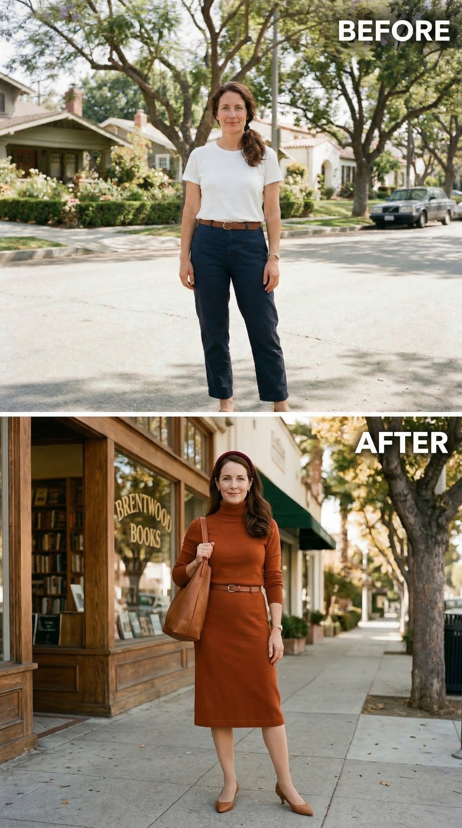 Rust Turtleneck Dress, Cognac Tote, Brentwood Sidewalk — Errand Afternoon Recast as a 1960s Close-Up