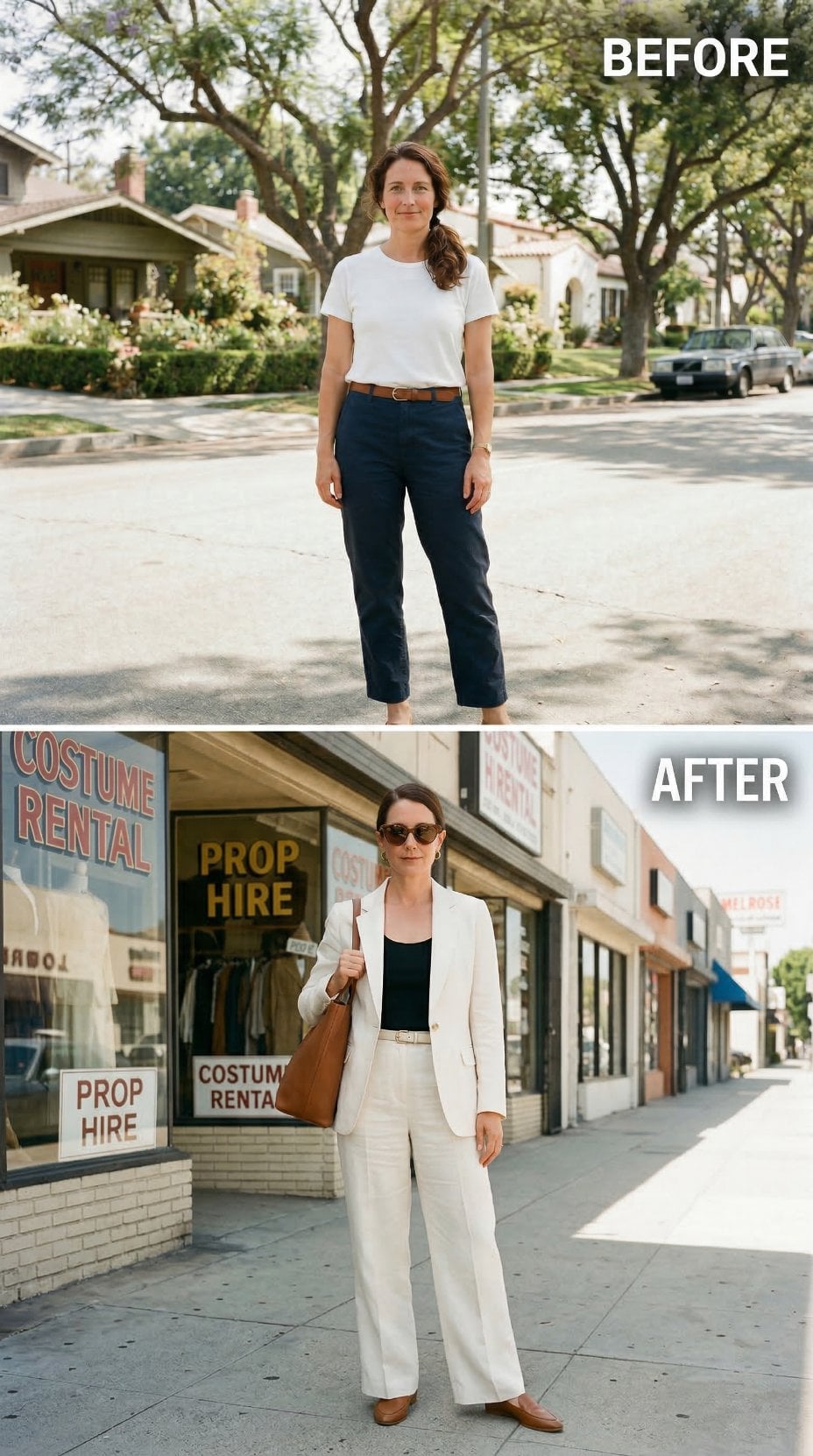 White Linen Blazer, Wide-Leg Trousers, Costume Rental Backdrop — Errand Run Recast as a 1960s Studio Lot Exit