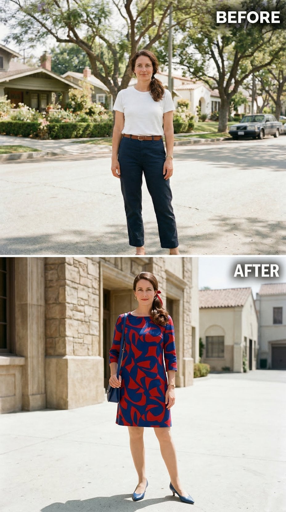 Navy Chinos, White Tee, Belt — Sidewalk Snap Recast as a 1960s Studio Lot Arrival