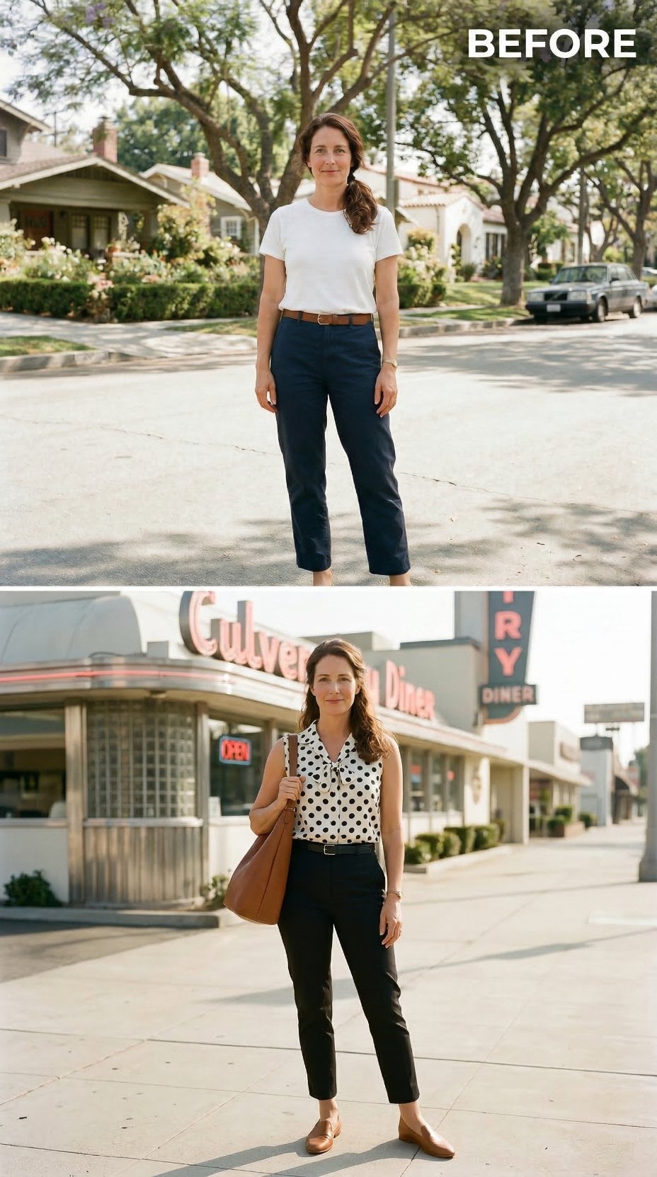 Polka-Dot Tie-Neck, Black Trousers, Culver City Diner — Grocery Run Recast as a 1960s Sidewalk Sighting