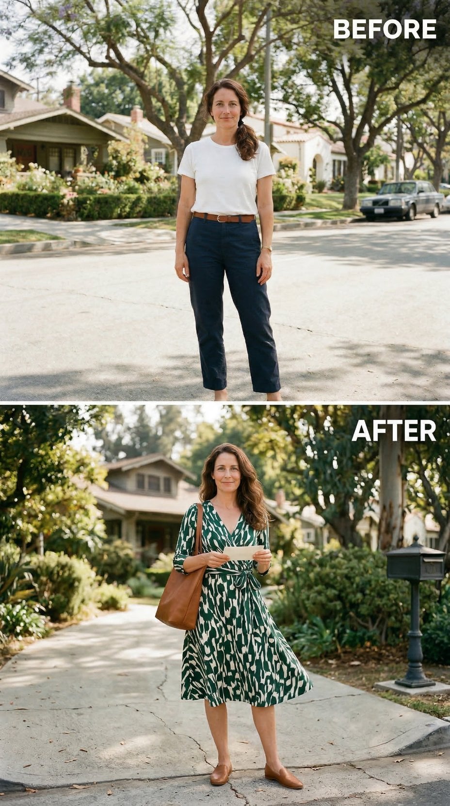 Green Wrap Print, Brown Tote, Mailbox Driveway — Errand Moment Recast as a 1960s Neighborhood Close-Up