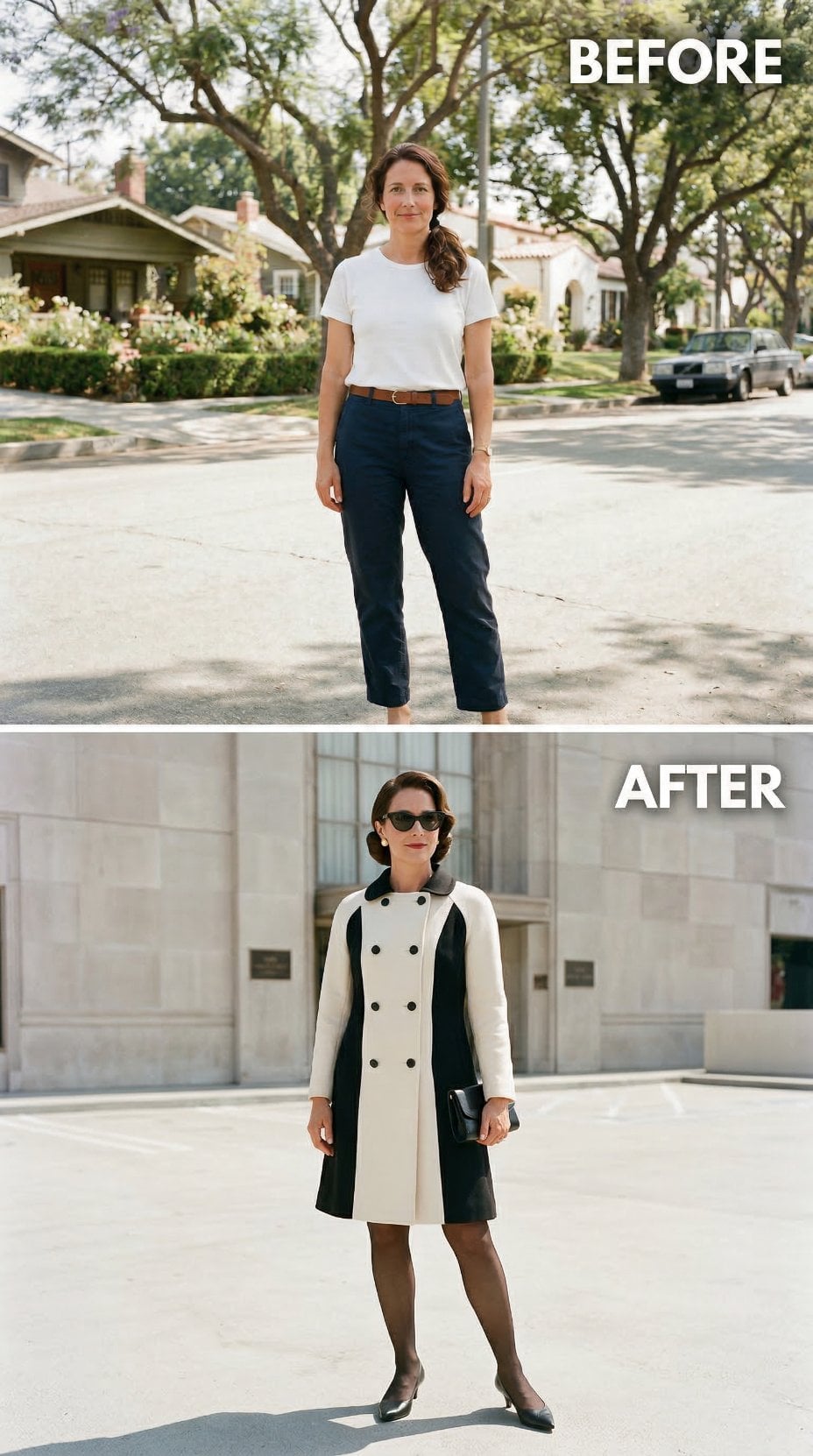 Color-Block Coat, Double Buttons, Concrete Plaza — Casual Chinos Recast as a 1960s Arrival Shot