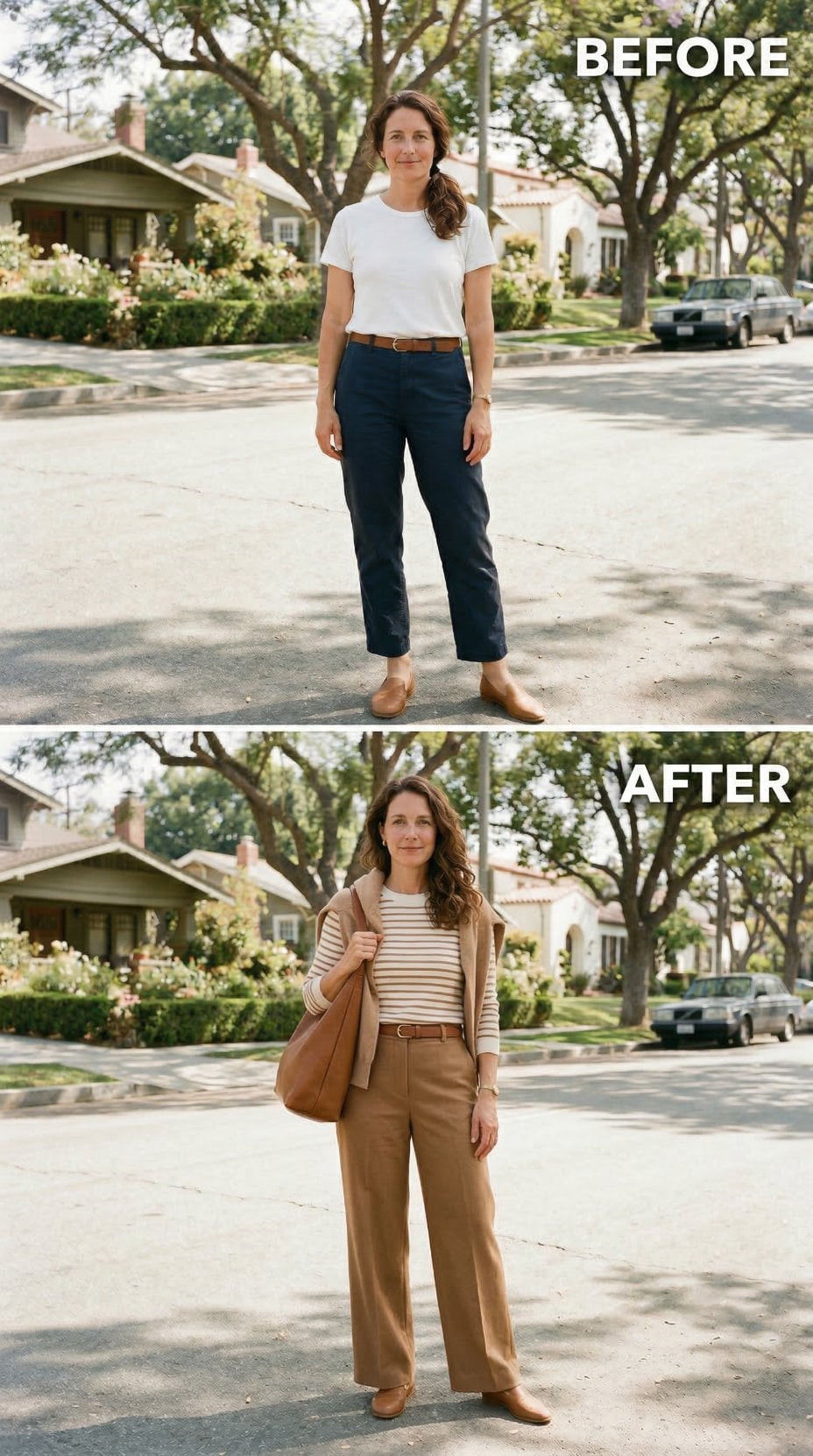 Camel Wide-Legs, Striped Knit, Tan Vest — Suburban Street Recast as a 1960s Neighborhood Candid