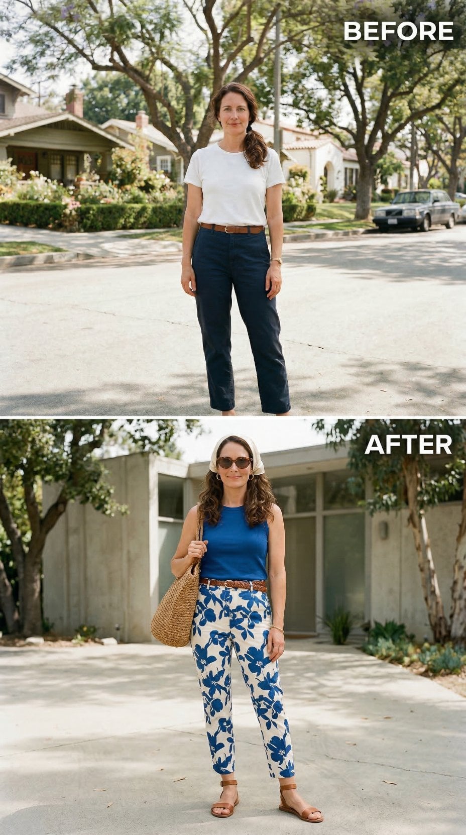Floral Chinos, Cobalt Tank, Head Scarf — Grocery Run Recast as a 1960s Neighborhood Candid