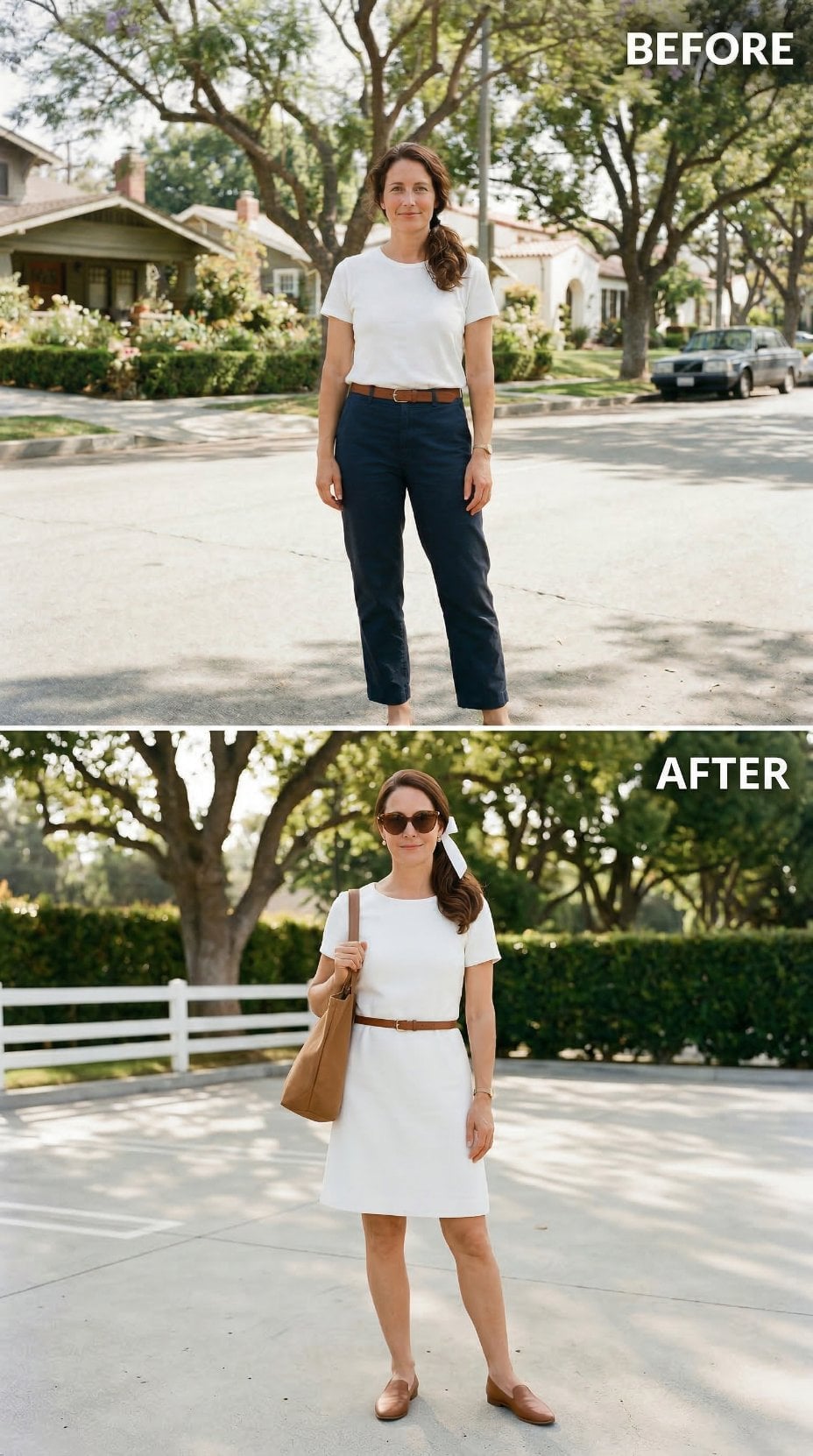 Cropped Chinos Recast as a 1960s Paparazzi Moment on a Quiet Suburban Block