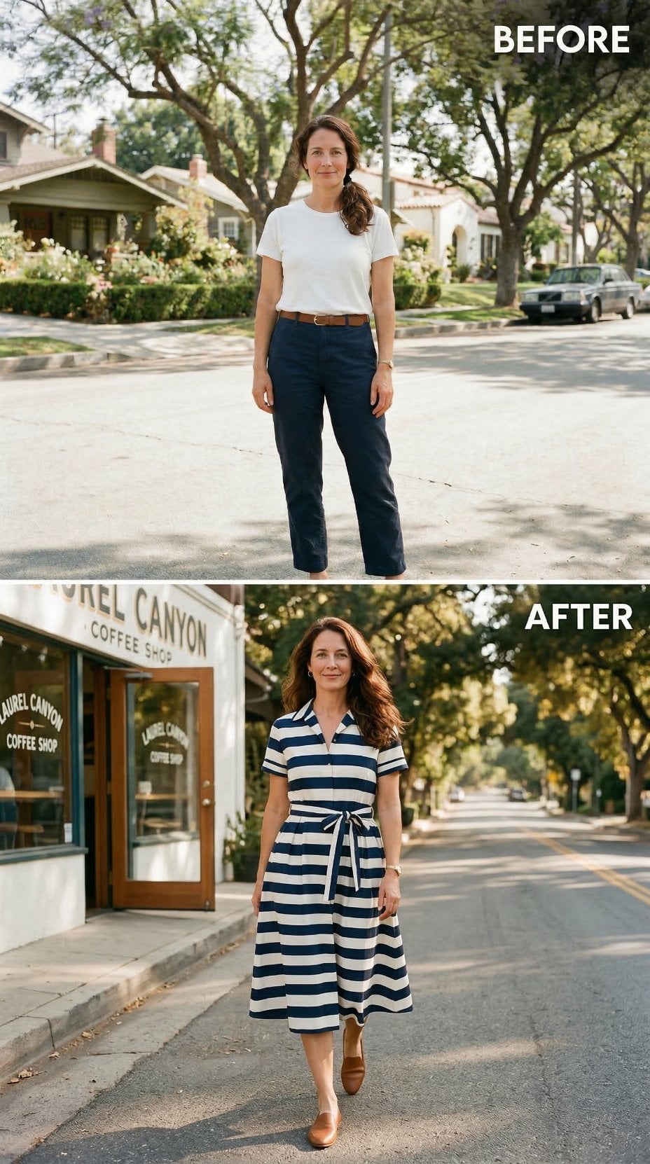 White Tee and Navy Chinos Gave Way to a Striped Shirt Dress That Walked Right Out of 1960s Laurel Canyon