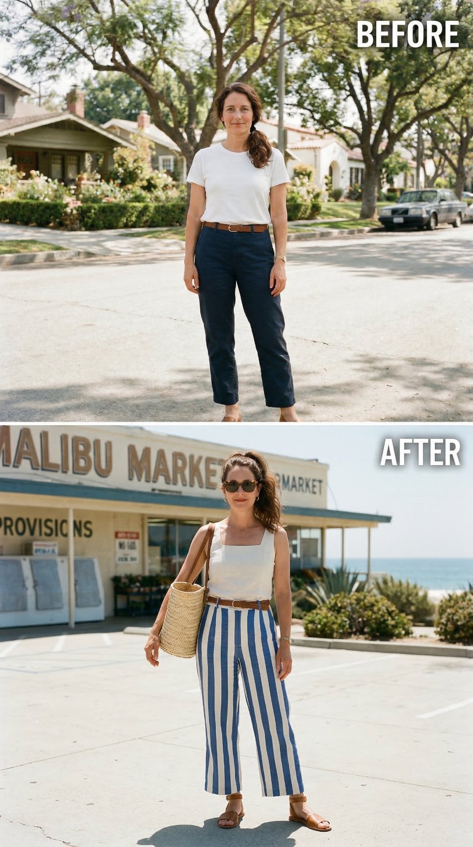 Striped Wide-Legs, Wicker Tote, Malibu Market Lot — Chinos Recast as a 1960s Coastal Candid