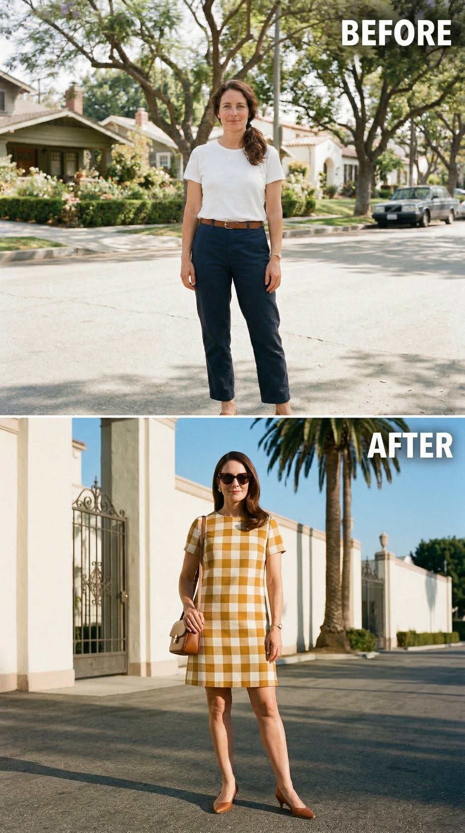 Gingham Shift, Palm Tree Corner, Tan Kitten Heels — Dry-Cleaning Day Recast as a 1960s Sidewalk Candid
