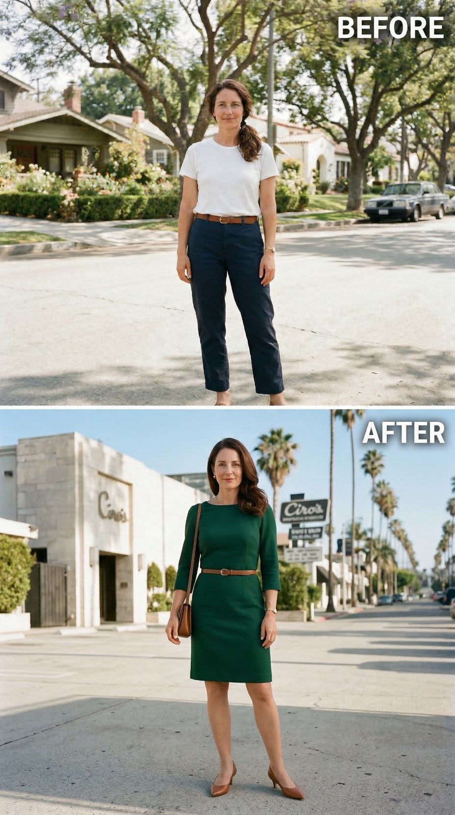 Navy Chinos and a White Tee Got Quietly Replaced by a Green Wool Dress Outside Ciro's