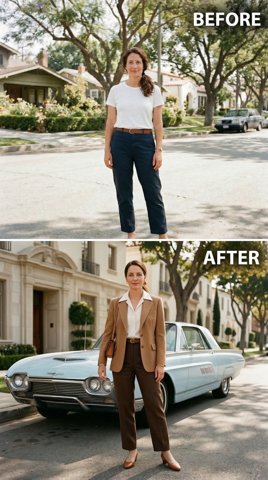 Navy Chinos and a White Tee Traded Up for a Camel Blazer Beside a Pale Blue Thunderbird