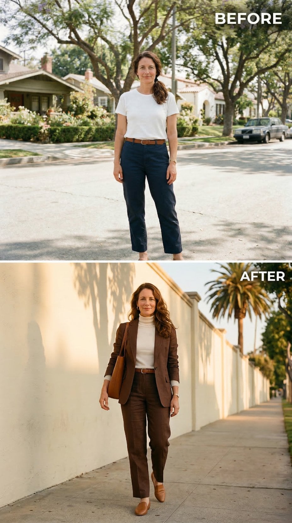 Brown Wool Suit, Turtleneck, Palm Tree Sidewalk — Chinos Recast as a 1960s Paparazzi Candid