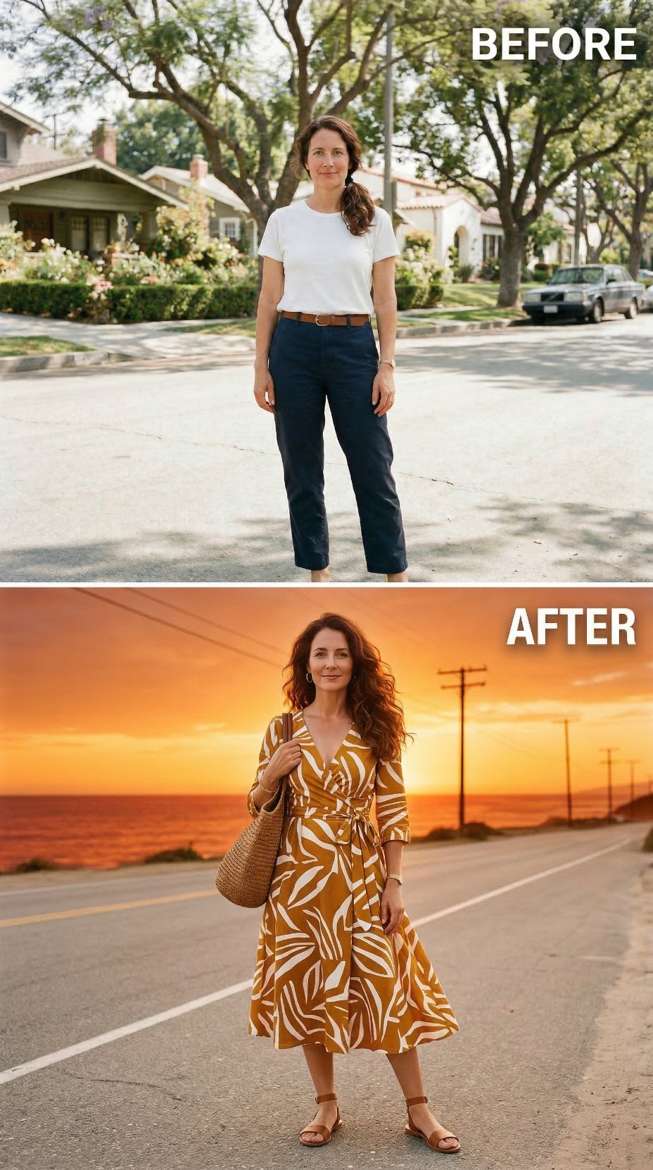 Mustard Wrap Dress, Wicker Bucket Bag, Sunset Coast Road — White Tee Recast as a 1960s Drive-Home Candid