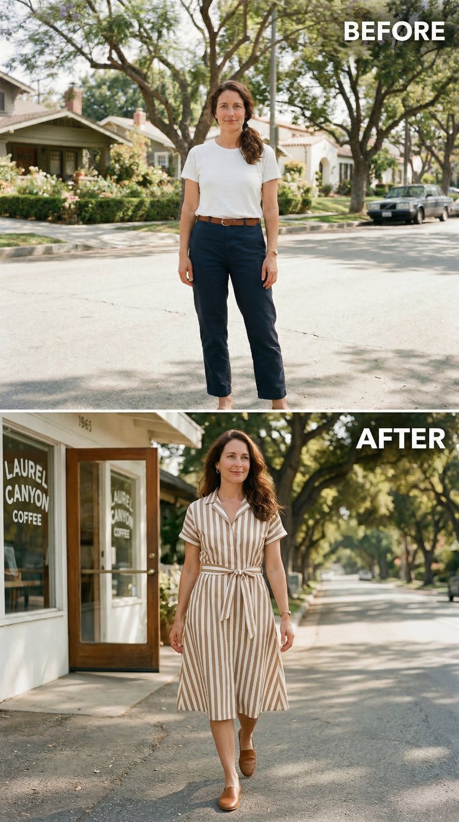 Striped Shirtdress, Tied Waist, Laurel Canyon Sidewalk — Chinos Traded for a 1960s Coffee Shop Exit