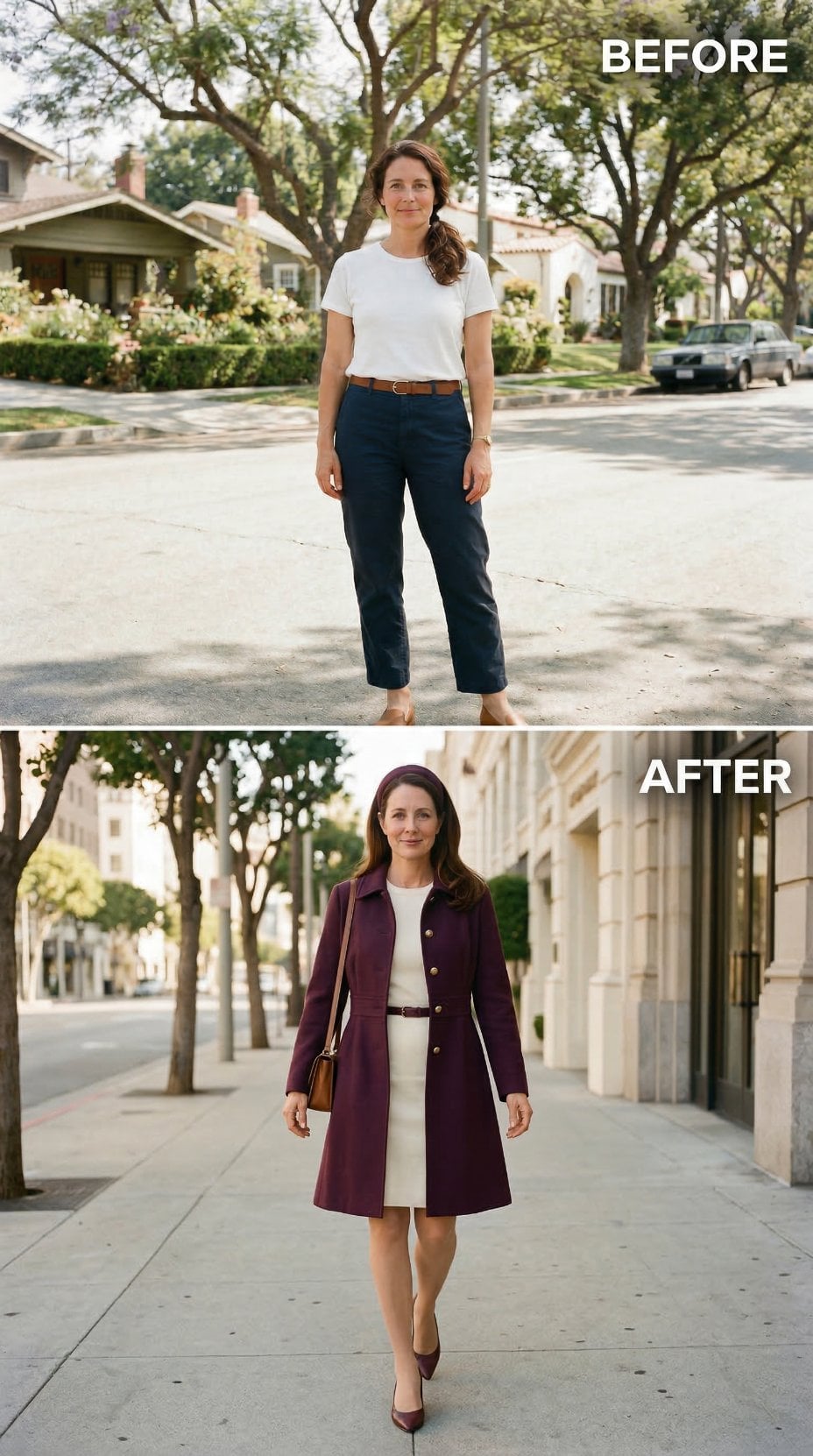 Burgundy Wool Coat, Gold Buttons, Cream Shift — Errand Clothes Replaced by a 1960s Sidewalk Exit