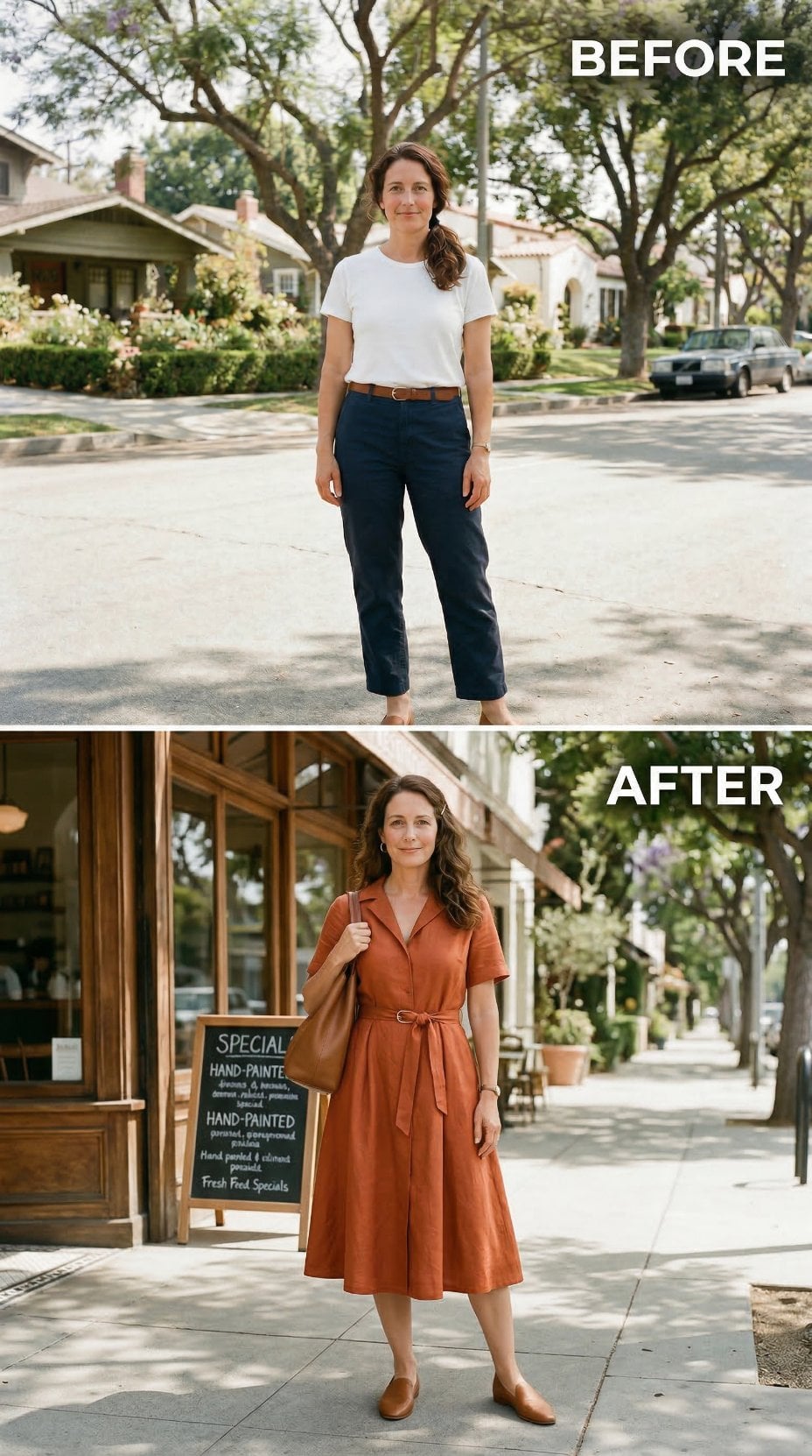 Rust Shirt Dress, Tied Belt, Tan Flats — Navy Chinos Got a 1960s Sidewalk Makeover