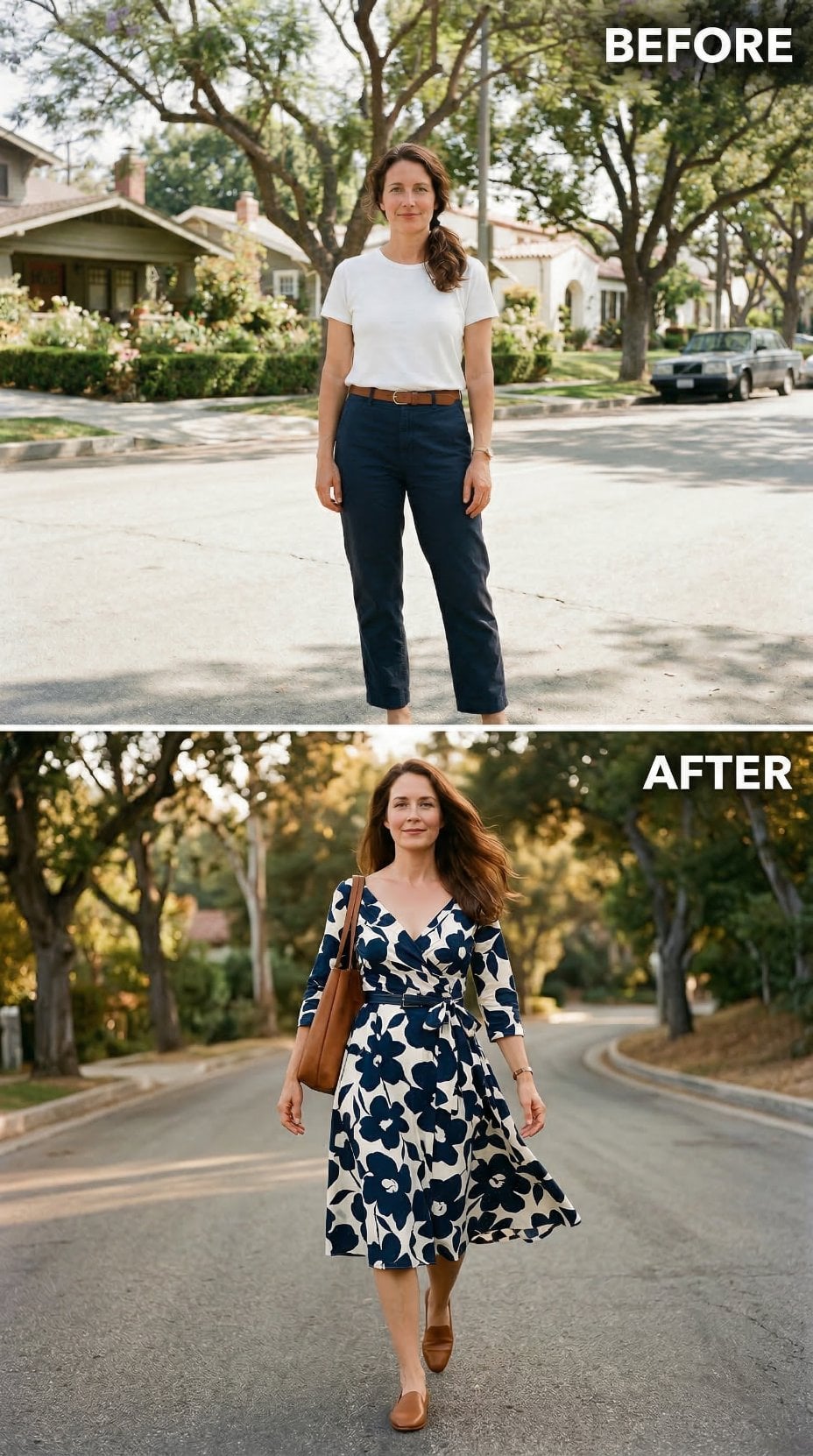 Navy Floral Wrap Dress, Brown Leather Tote, Suburban Street — Chinos Exit for a 1960s Studio Lot Stroll