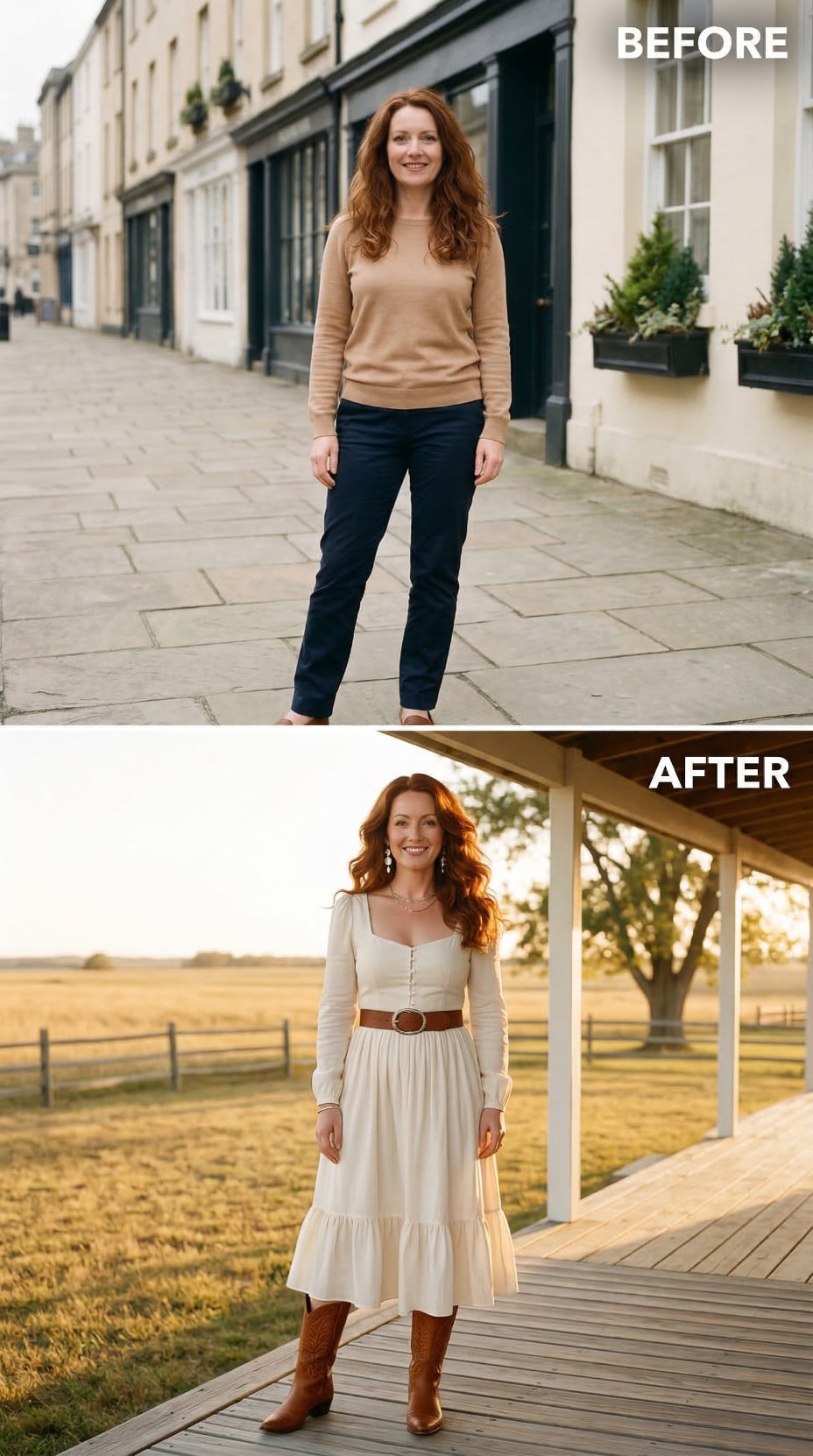 Cream Prairie Cotton and Cognac Leather Under Golden Hour Sky