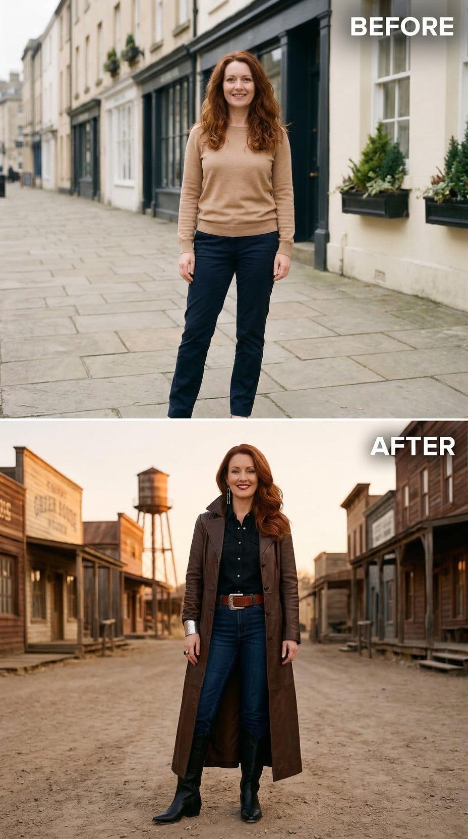 Tobacco Brown Duster and Midnight Button-Down in Frontier Twilight