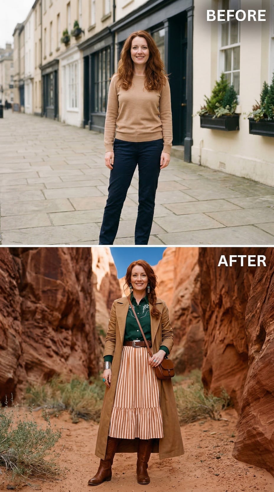 Striped Maxi Skirt and Tan Blazer Between Red Rock Canyon Walls