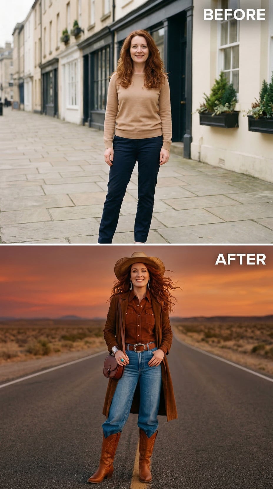 Suede Snap-Front and Tan Felt Against Open Highway Dusk