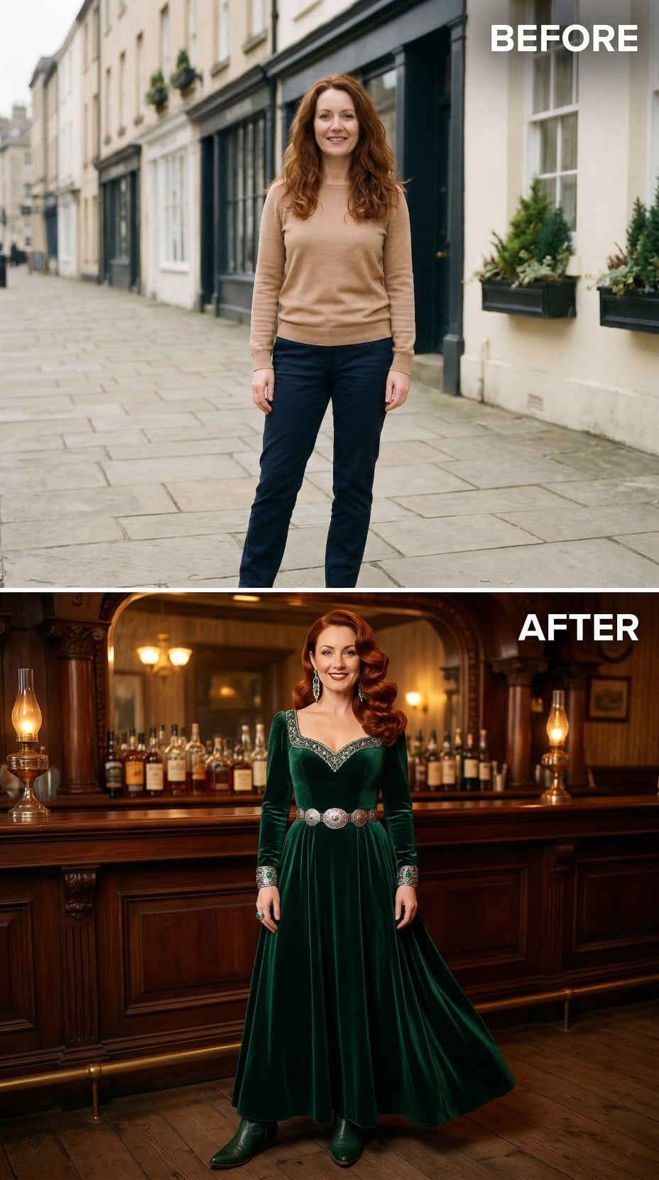 Emerald Velvet Gown with Silver Celtic Trim Inside Whiskey Tavern