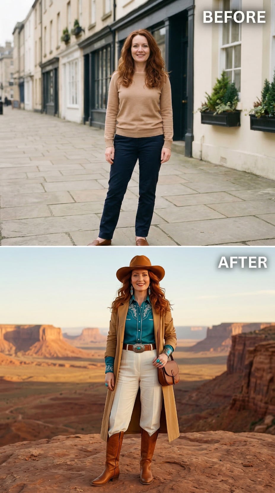 Teal Embroidered Western Shirt and Long Camel Coat Over Desert Stone