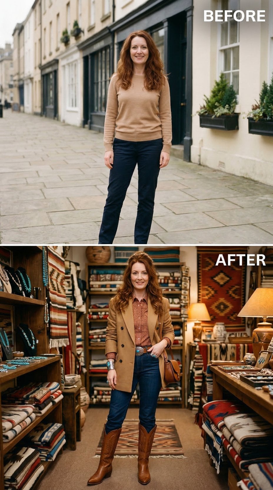 Camel Blazer and Polka-Dot Blouse Inside Southwestern Curiosity Shop