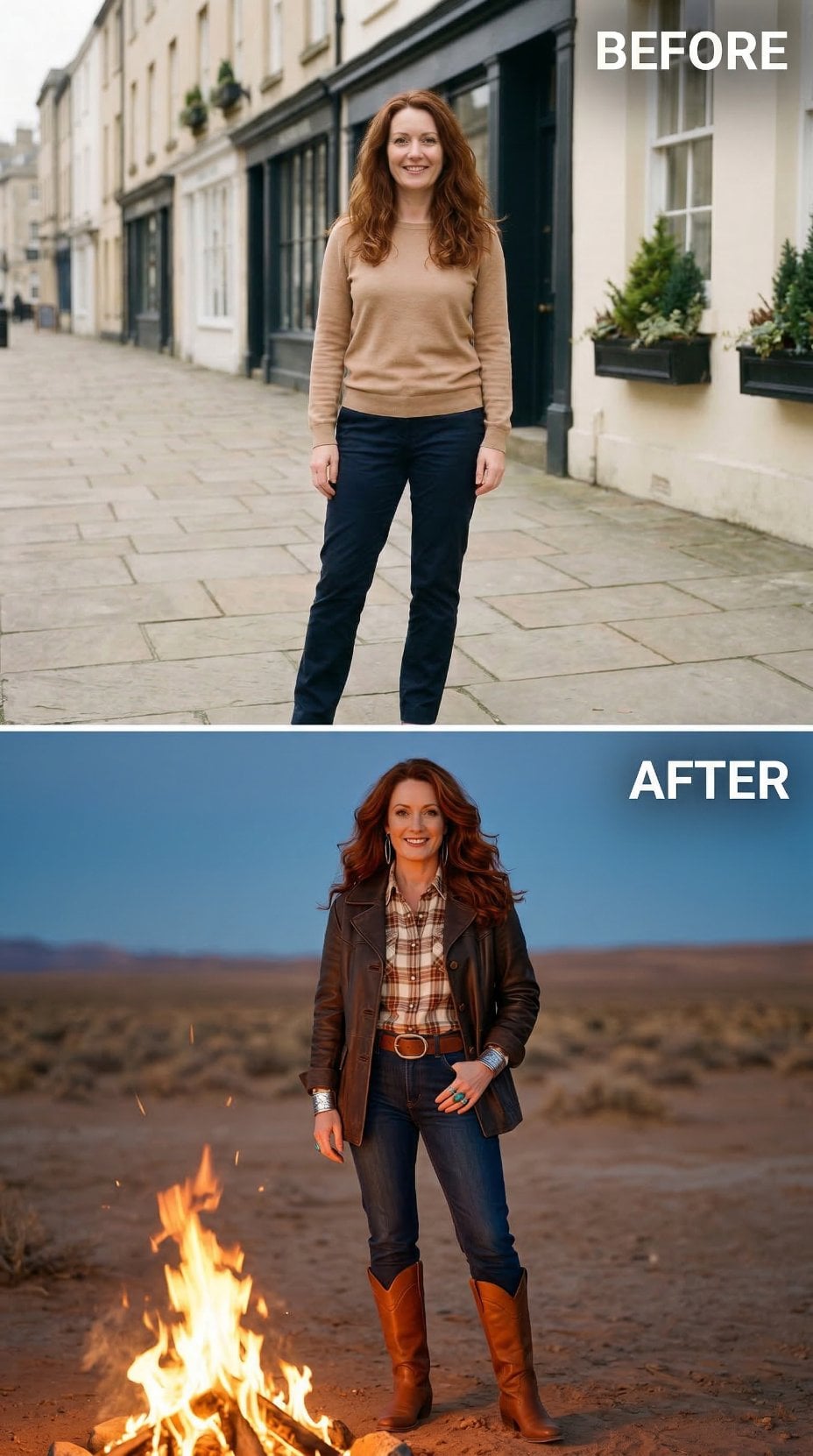 Brown Leather Moto and Plaid Flannel Beside Desert Campfire Glow