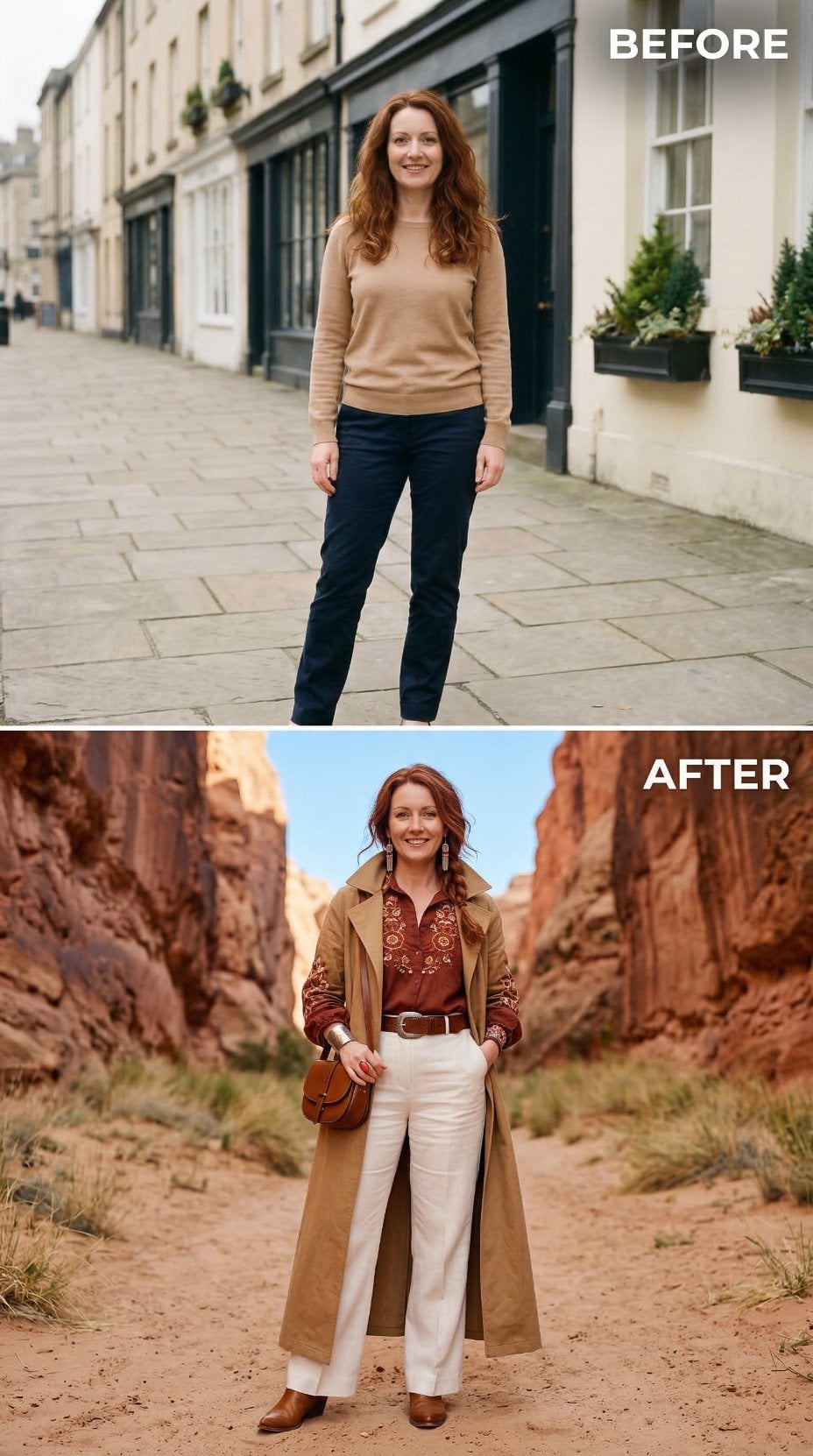 Embroidered Western Shirt and Long Camel Coat Over Desert Stone