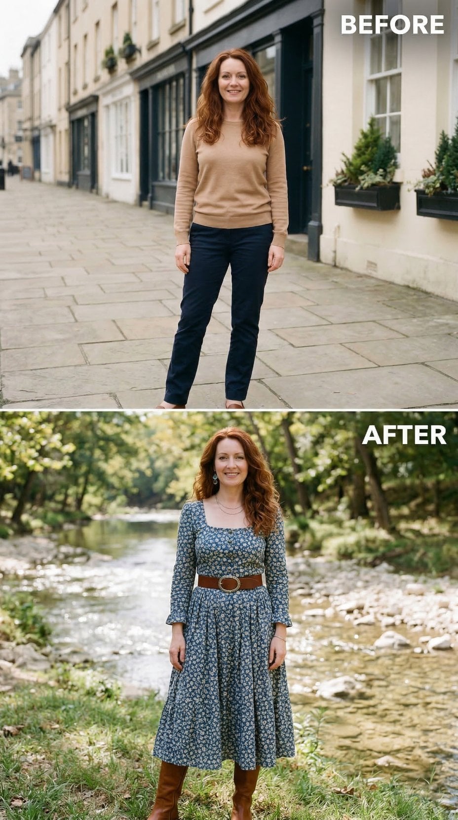 Blue Floral Prairie Dress and Cognac Belt Alongside Creek Bend Stillness