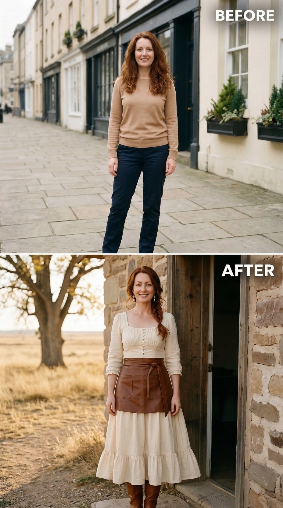 Cream Prairie Blouse and Brown Leather Apron Frame Rustic Doorway