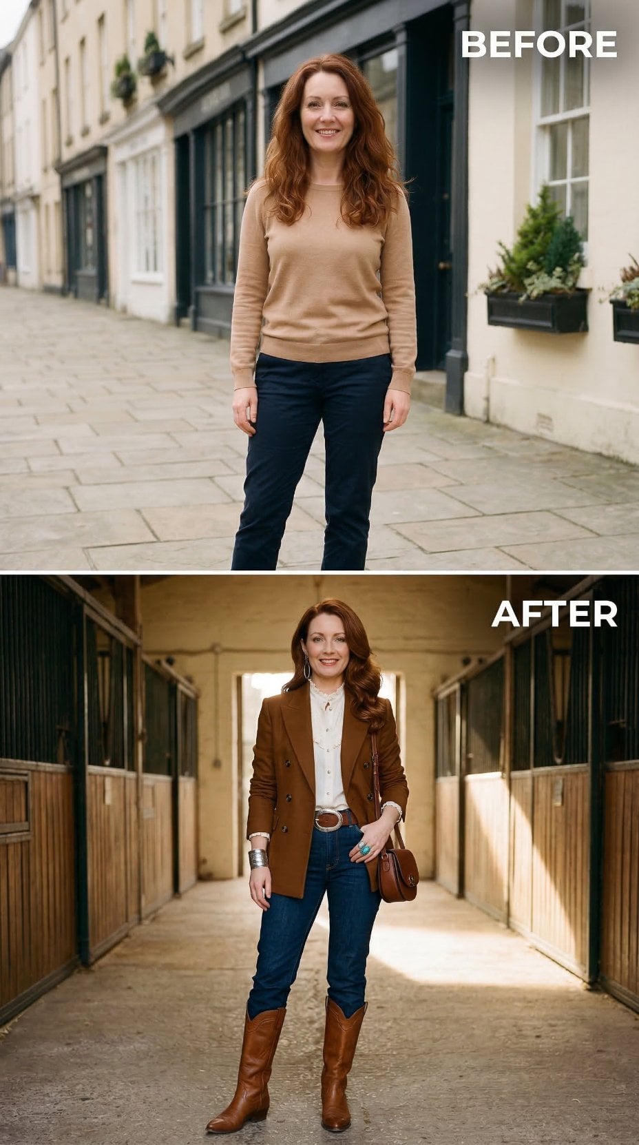 Brown Double-Breasted Blazer and Knee-High Boots Claim Stable Aisle Authority