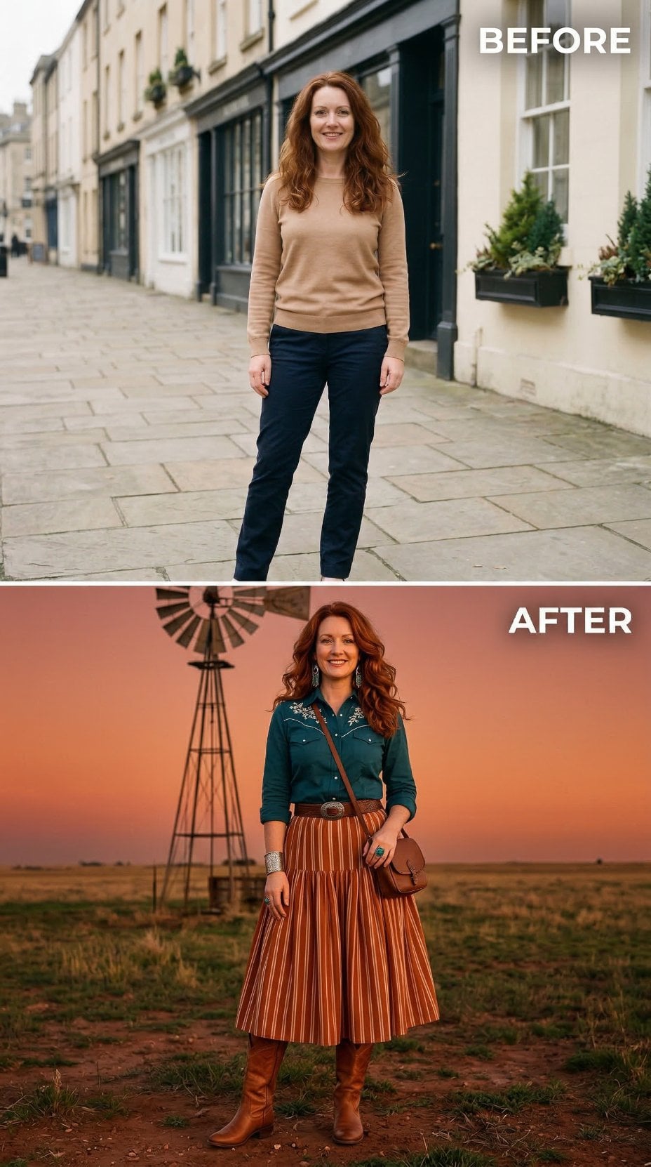 Teal Western Shirt and Striped Midi Skirt Against Windmill Dusk