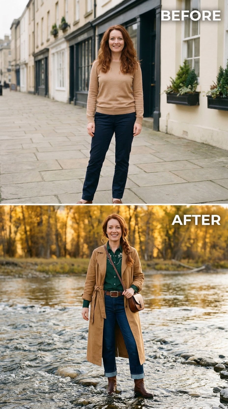 Belted Trench and Forest Green Blouse Wade Rocky Creek Current