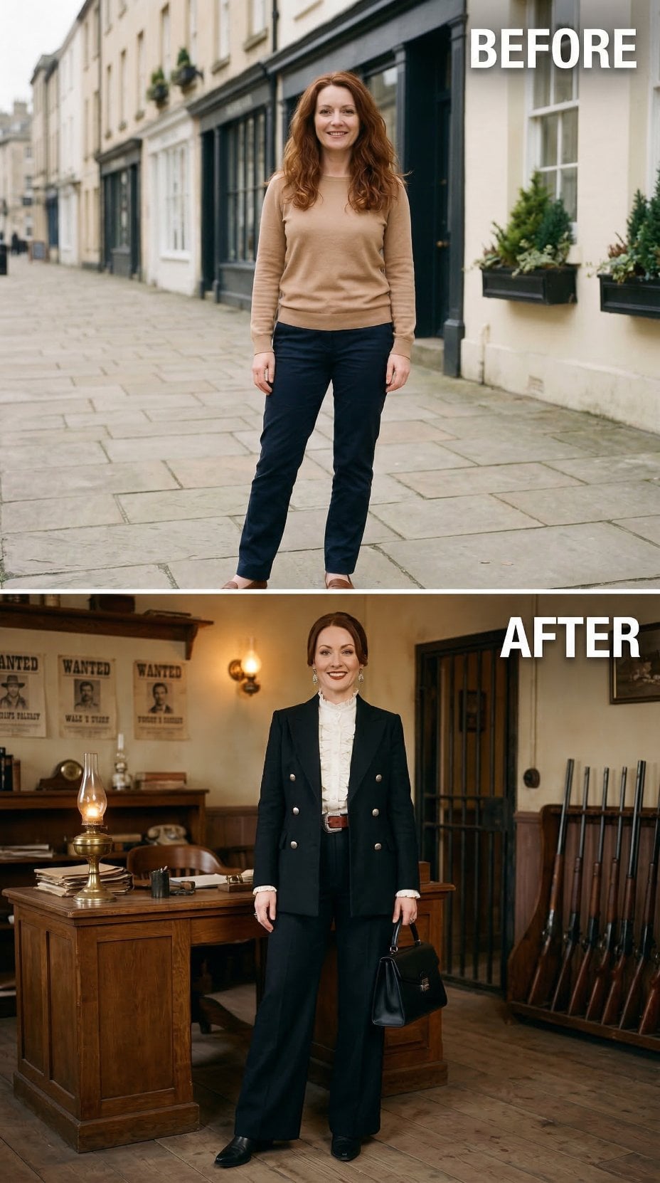 Black Double-Breasted Blazer and Cream Blouse Hold Sheriff's Office Ground