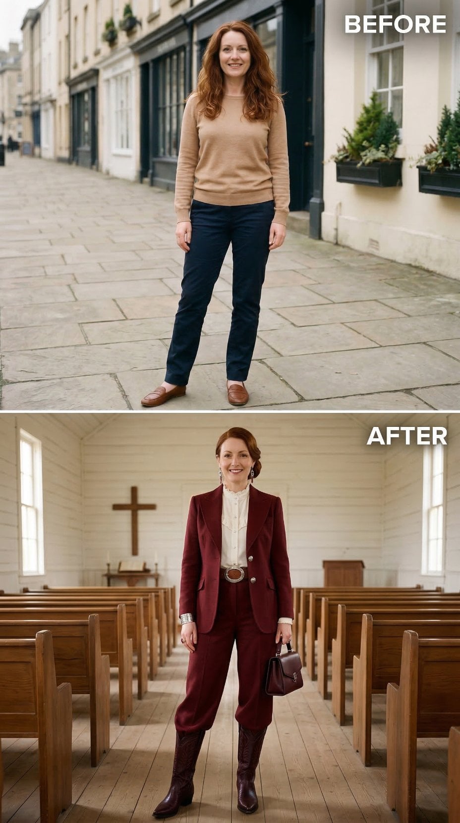 Burgundy Blazer and Pearl Blouse Command Chapel Aisle Confidence