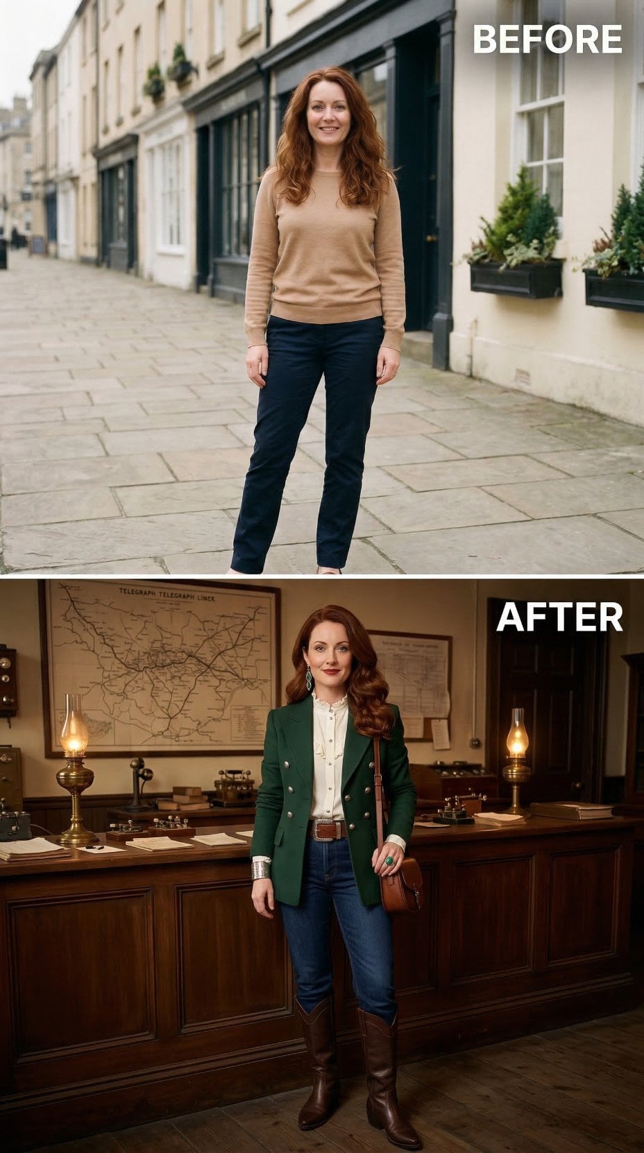 Forest Green Blazer and Gold Buttons Face Telegraph Office Lamplight