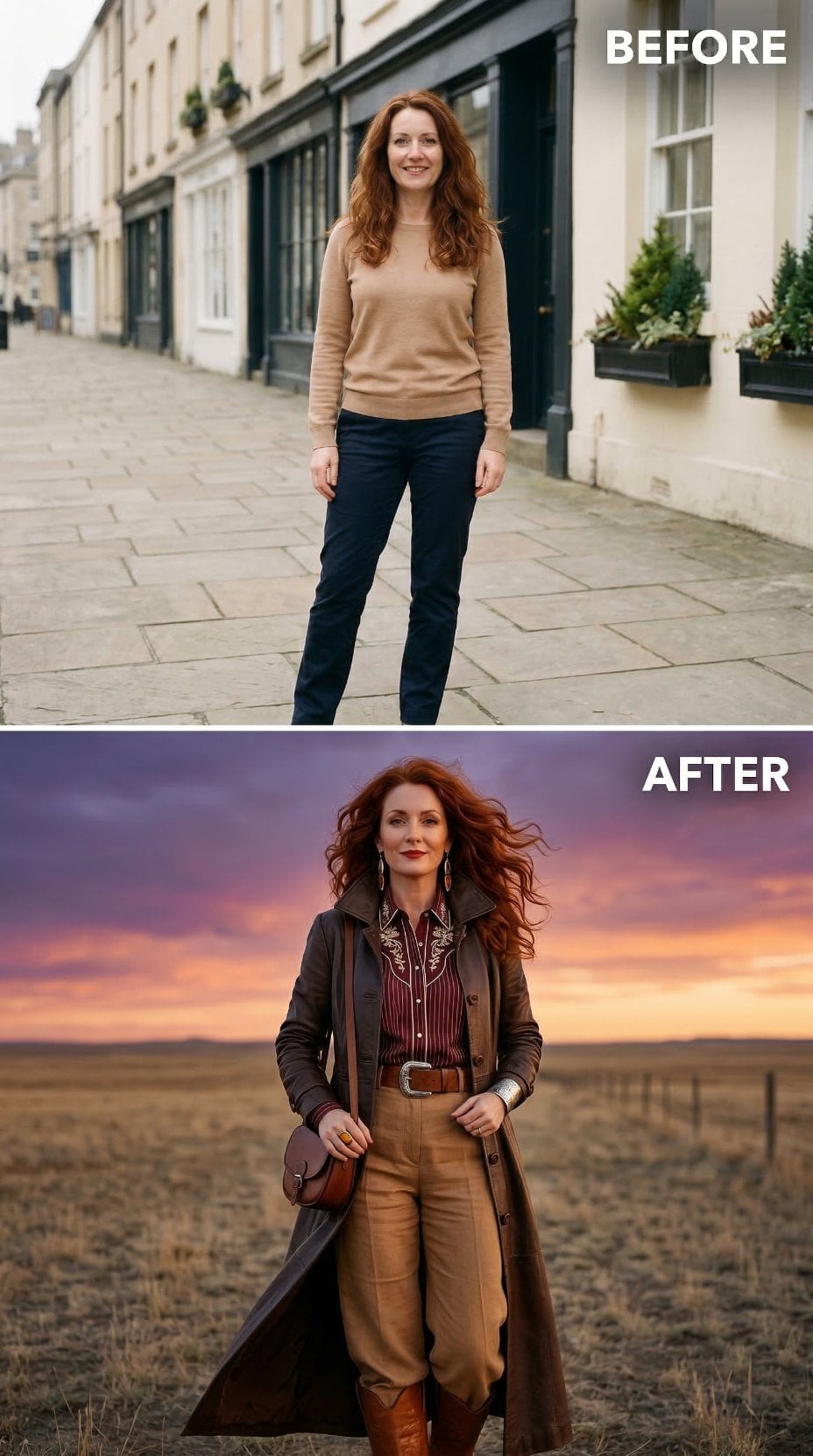 Long Brown Leather Duster and Embroidered Western Shirt Stand Sunset Prairie