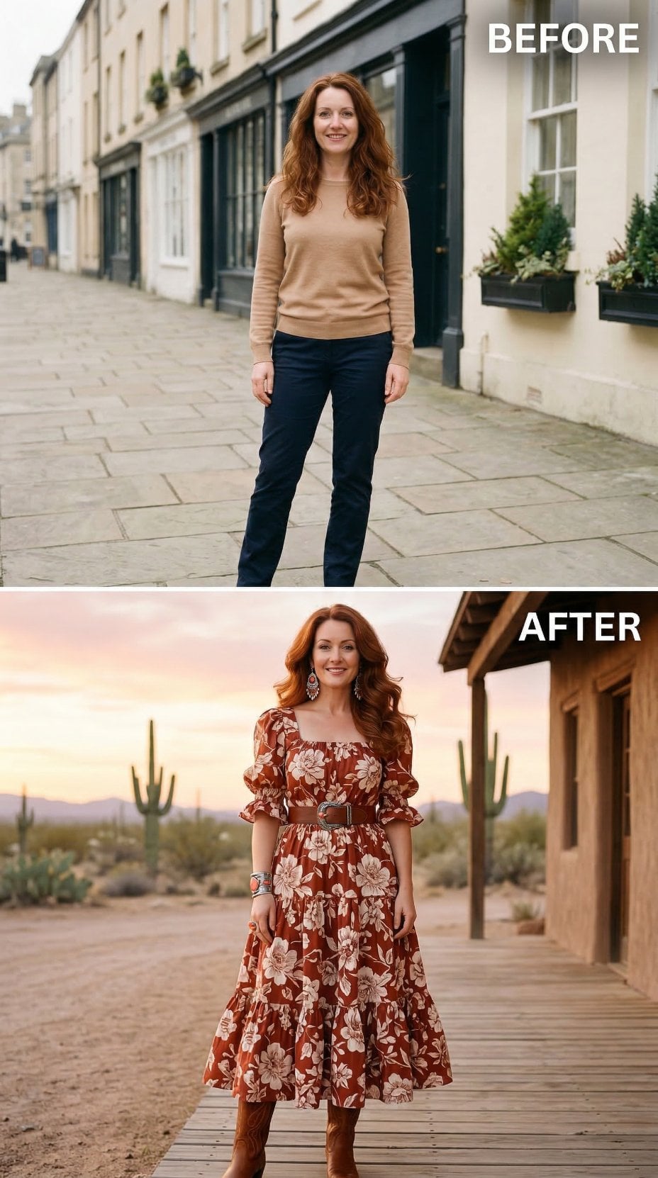Rust Floral Prairie Dress and Cognac Boots Wade Desert Sunset Porch
