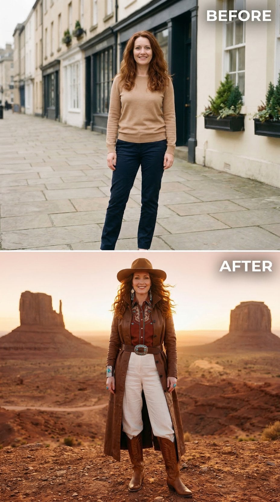 Long Camel Suede Duster and Western Belt Conquer Monument Valley Dawn