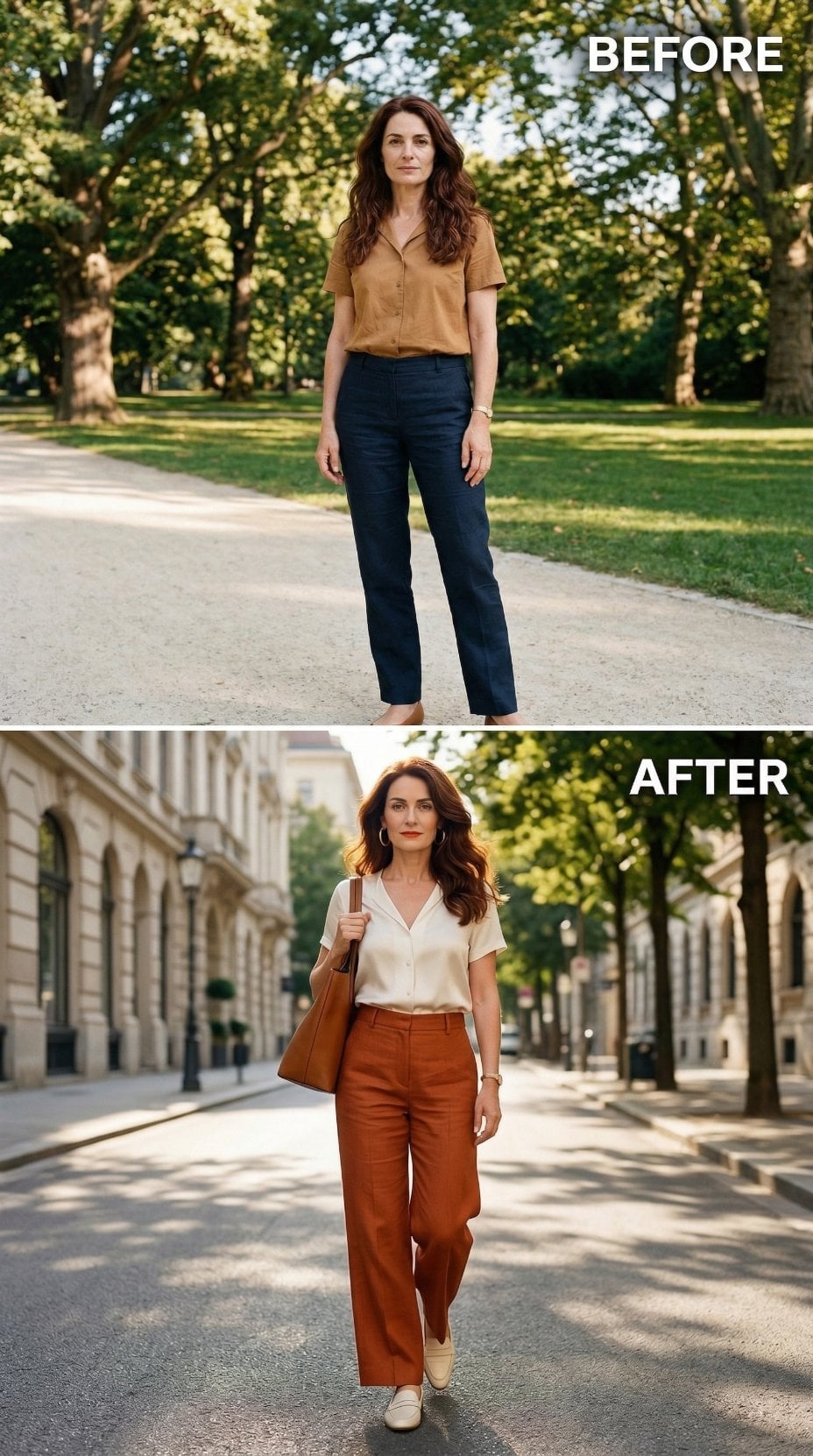 Rust Wide-Legs and a Silk V-Neck Just Quietly Took Over Her Summer