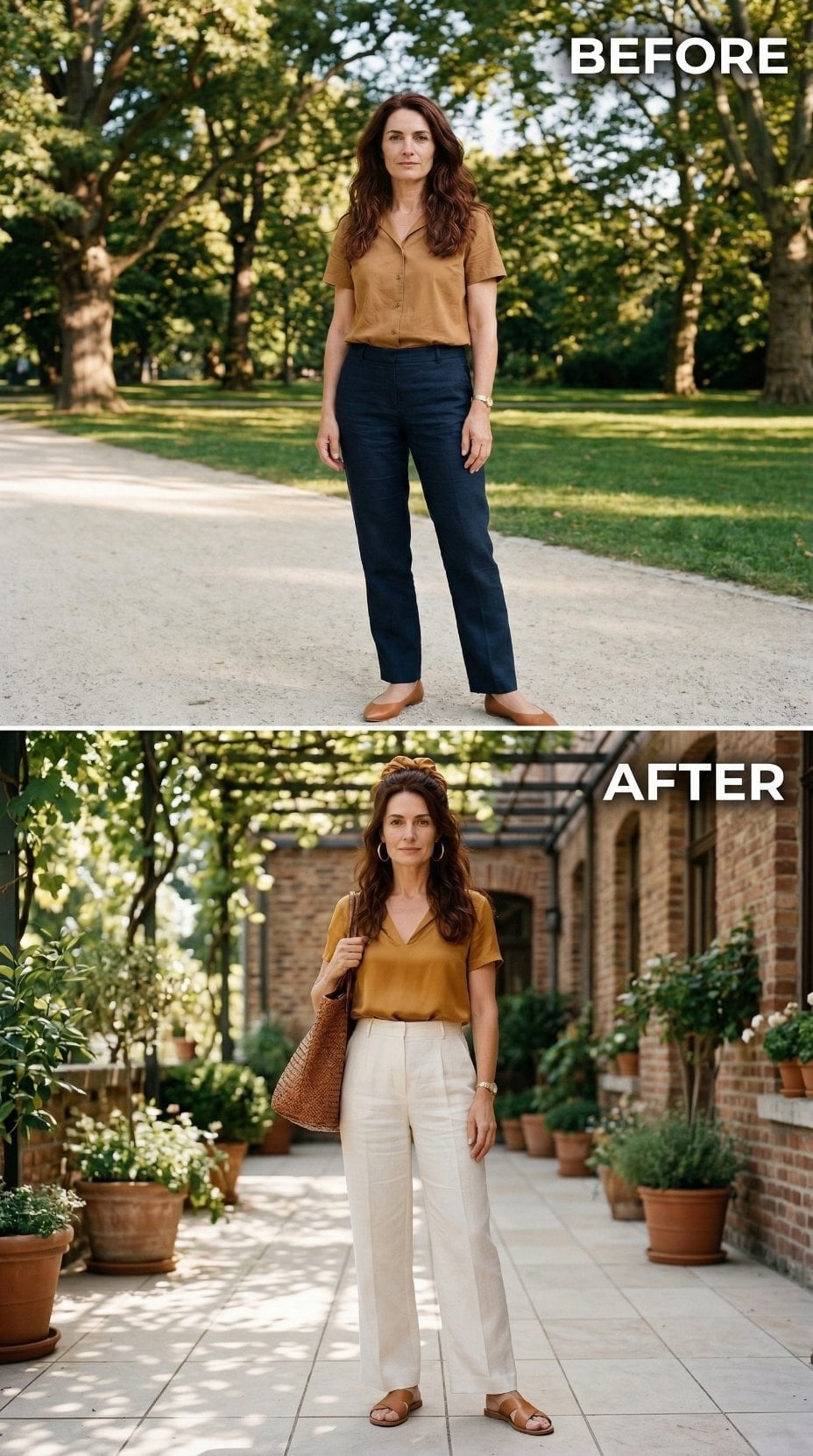 Mustard Silk Tucked Into Ivory Wide-Legs Just Rewrote Her Park-to-Pergola Ratio