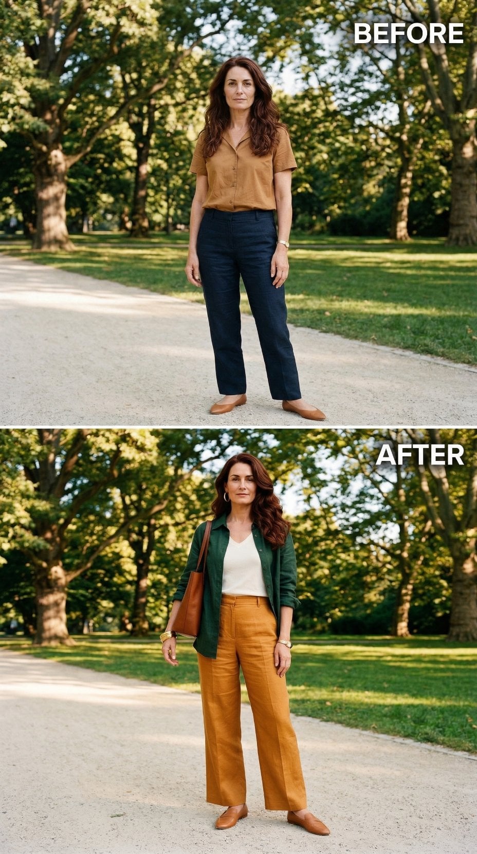 Rust Linen Wide-Legs and a Forest Green Shirt Just Settled the Great Summer Pants Debate