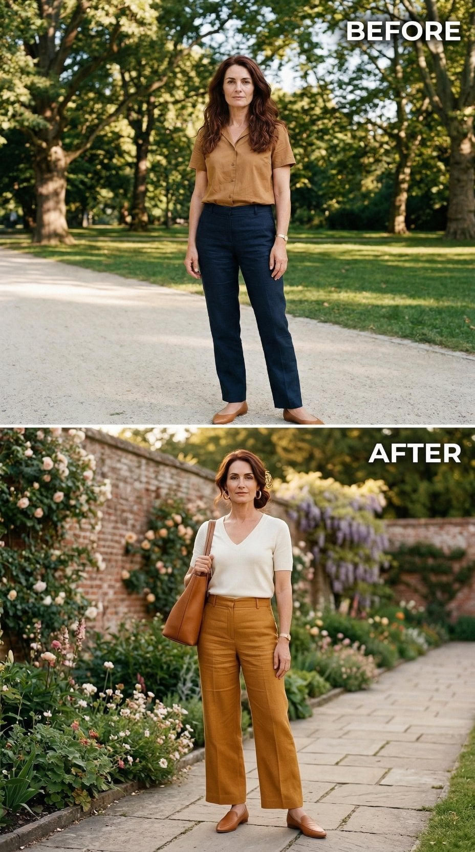 Caramel Wide-Legs and a White V-Neck Just Rewired Her Entire Color Logic