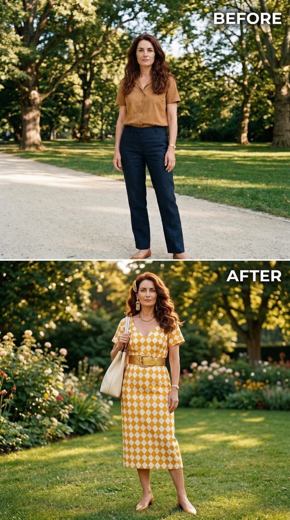 Harlequin Diamond Print Plus a Gold Belt Just Solved Her Entire Summer Wardrobe in One Move