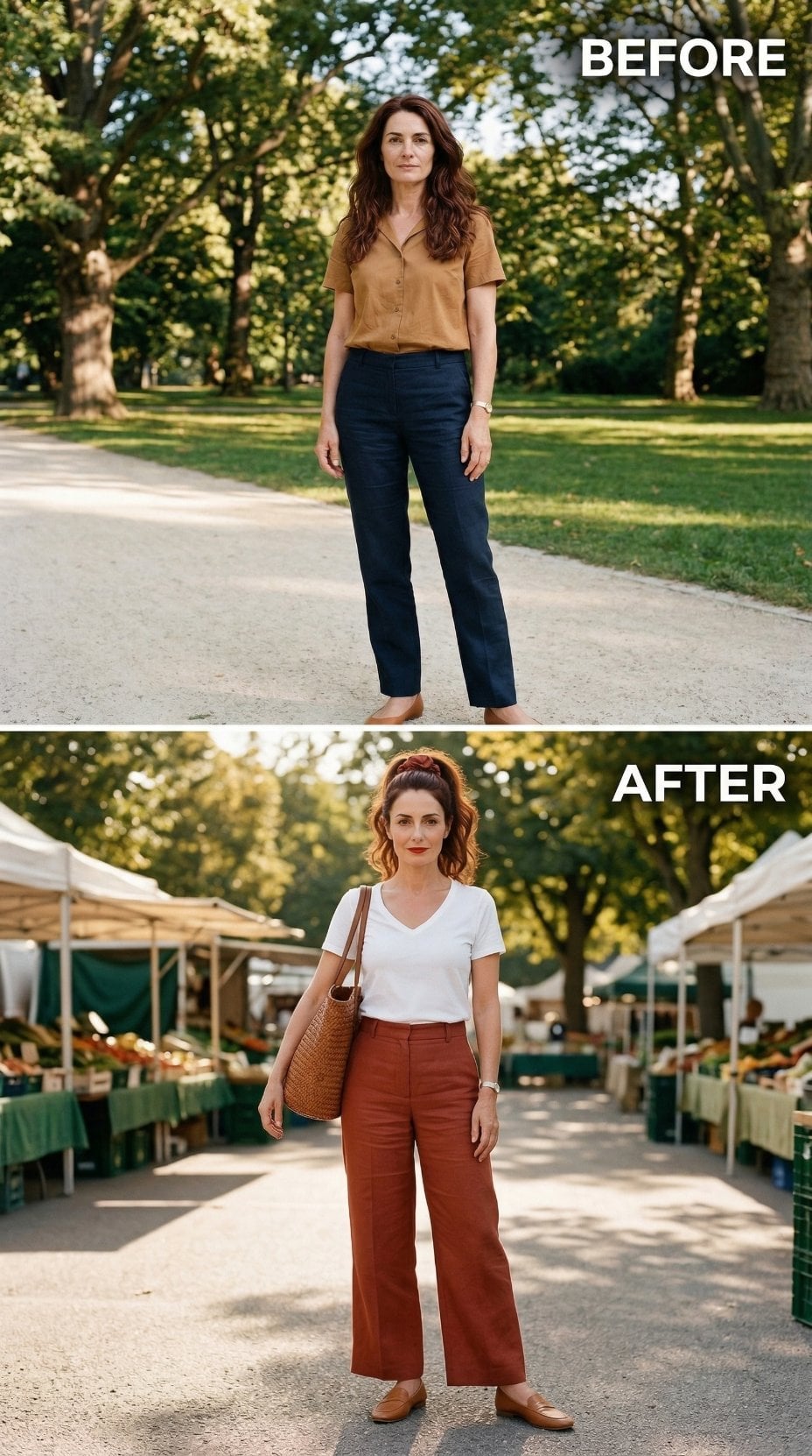 Navy Trousers and a Mustard Shirt Stepped Aside for Rust Wide-Legs and a White V-Neck