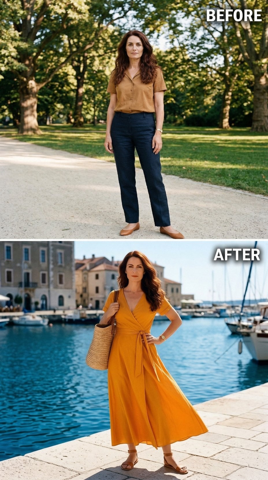 Tan Shirt and Navy Trousers Gave Way — Now a Marigold Wrap Dress Owns the Harbor