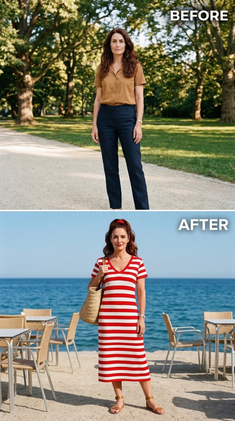 Tan Shirt and Dark Trousers Step Aside — Red Stripes Just Claimed the Waterfront