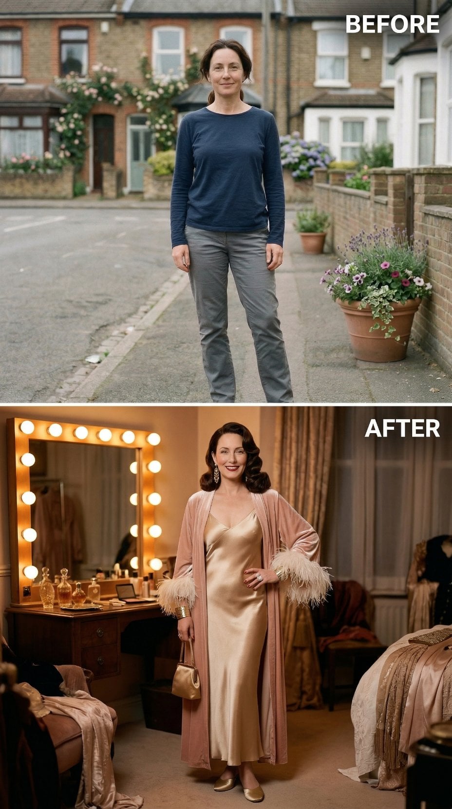 Navy Sweatshirt Gives Way to Silk Nightgown and Feathered Robe
